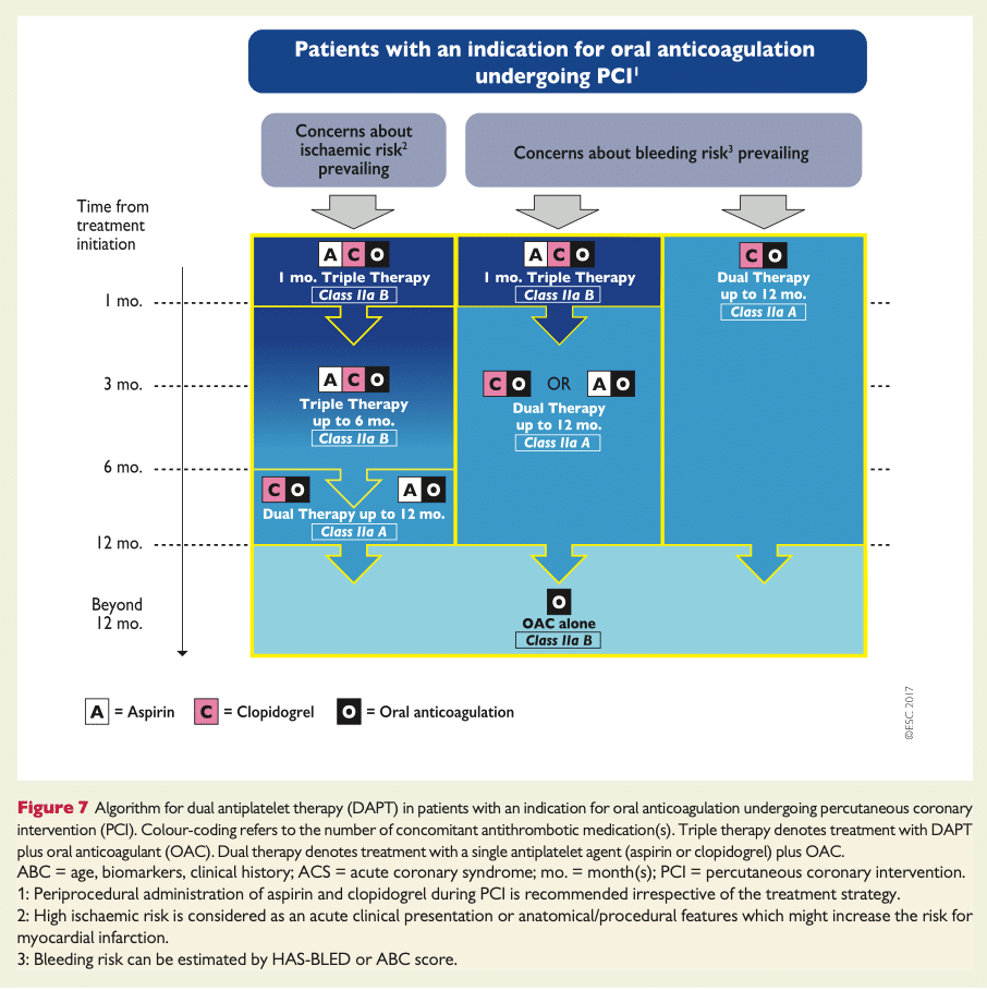 ESC-flowchart trippelbehandling, för patienter med indikation för oral antikoagulation efter PCI