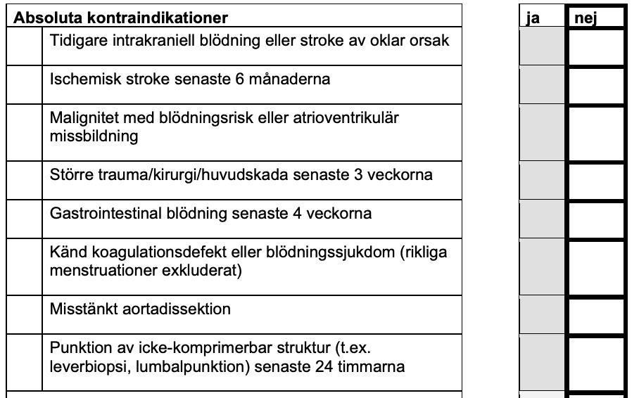 trombolys vid STEMI- absoluta kontraindikationer