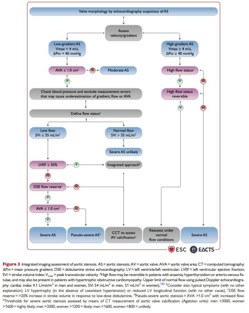 ESC-flowchart utredning av aortaklaffstenos med UCG